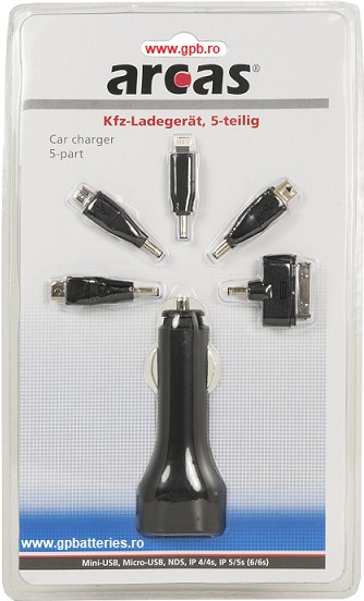 Arcas incarcator de la auto (12-24V) la USB 5V 1A + adaptoare